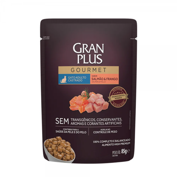 Ração Úmida GranPlus Gourmet Gatos Castrados Salmão e Frango 85 g