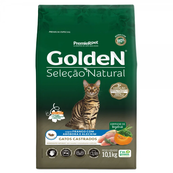 Ração Golden Seleção Natural Gatos Castrados Frango com Abóbora e Alecrim 10,1kg