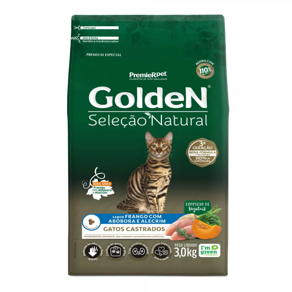 Ração Golden Seleção Natural Gatos Castrados Frango com Abóbora e Alecrim 3kg