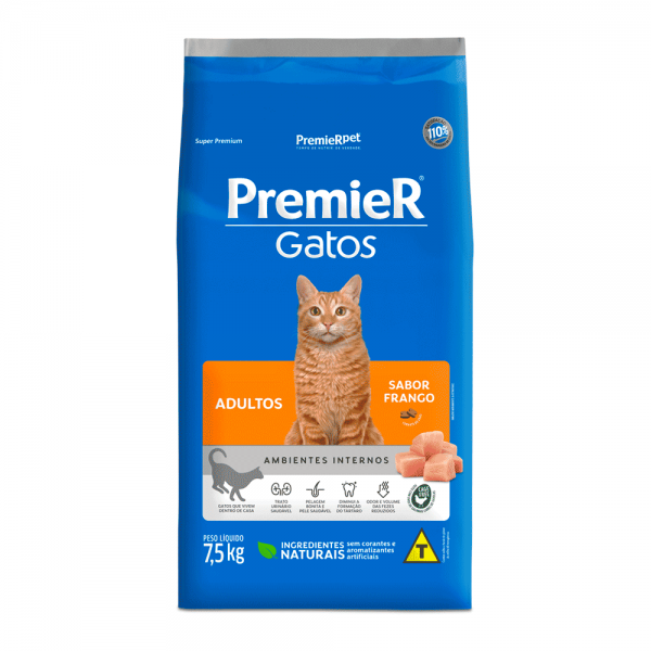 Ração Premier Gato Adultos Ambientes Internos Frango 7,5kg