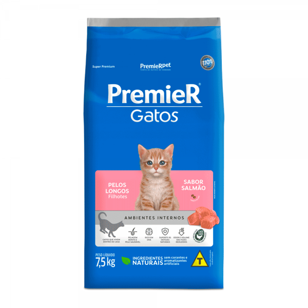 Ração Premier Ambientes Internos Gatos Filhotes Pelos Longos Salmão 7,5 kg