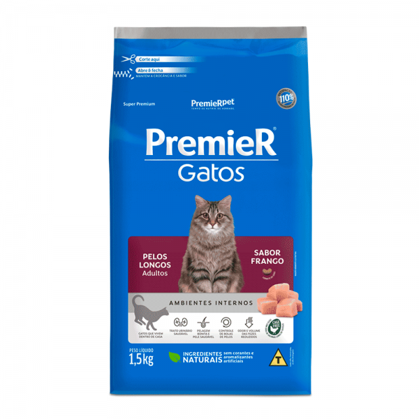 Ração Premier Ambientes Internos Gatos Adultos Pelos Longos Frango 1,5 kg