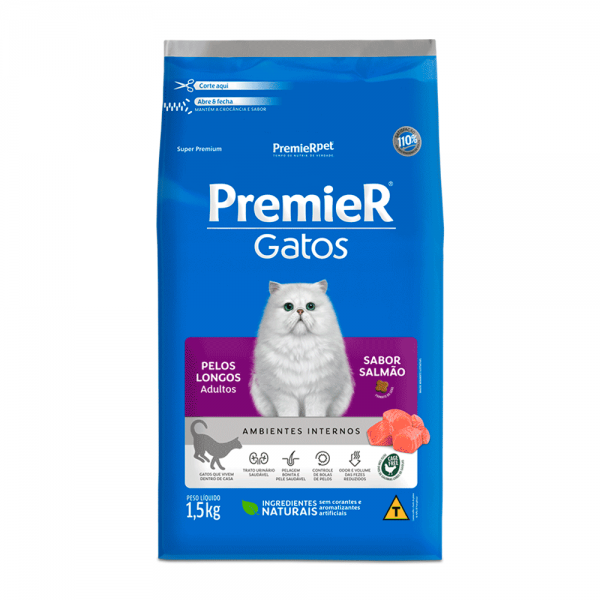 Ração Premier Gatos Adultos Pelos Longos Ambientes Internos Salmão 1,5 kg