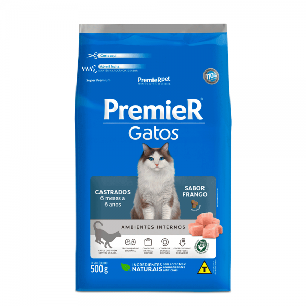 Ração Premier Ambientes Internos Gatos Castrados 6 Meses a 6 Anos Frango 500 g