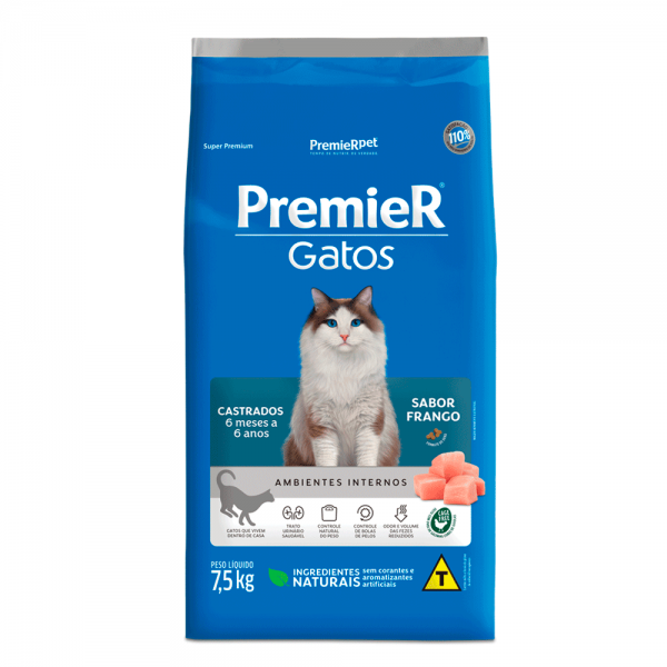 Ração Premier Ambientes Internos Gatos Castrados 6 Meses a 6 Anos Frango 7,5kg