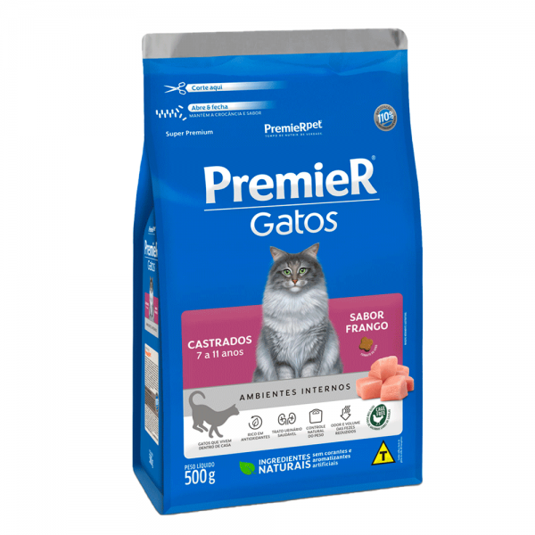 Ração Premier Ambientes Internos Gatos Castrados 7 a 11 Anos Frango 500 g