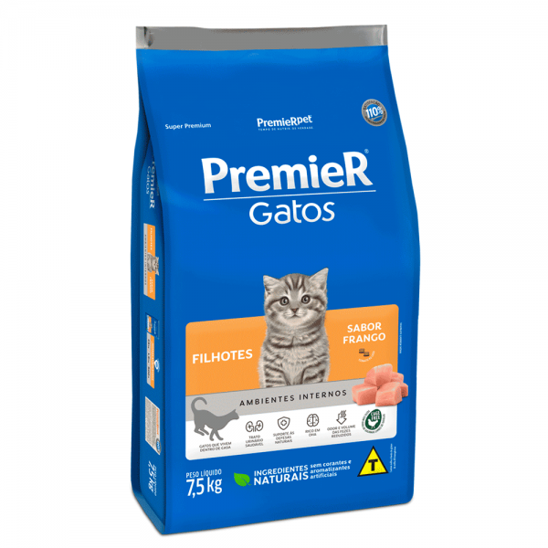 Ração Premier Gatos Filhotes Ambientes Internos Frango 7,5kg