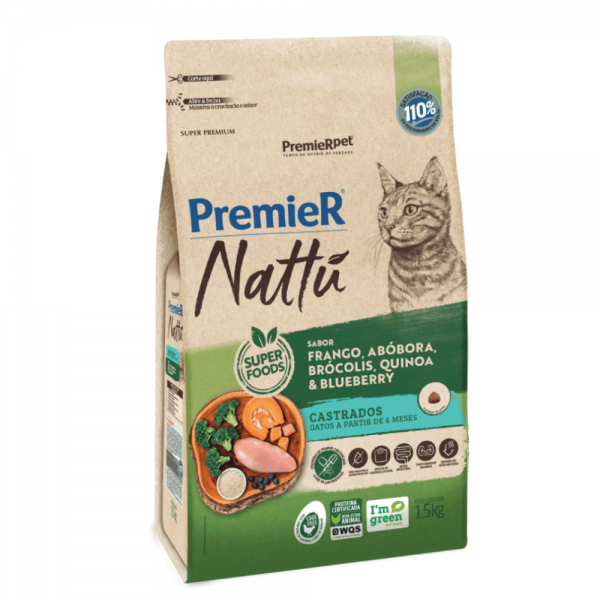 Ração Premier Nattu Gatos Adultos Castrados Abóbora 1,5 kg