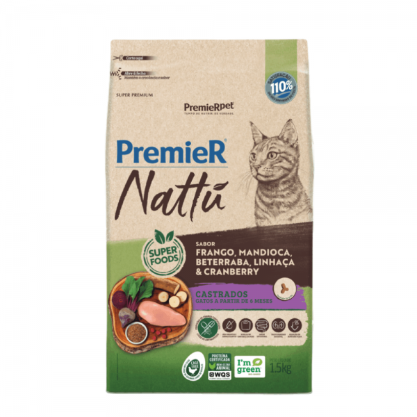 Ração Premier Nattu Gatos Adultos Castrados Mandioca 1,5 kg