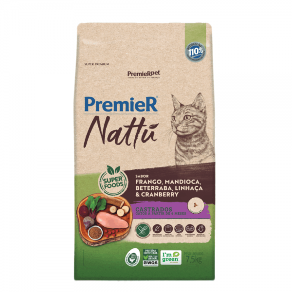 Ração Premier Nattu Gatos Adultos Castrados Mandioca 7,5 kg
