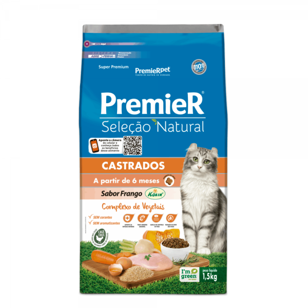 Ração Premier Seleção Natural Gatos Castrados Frango Korin 1,5 kg