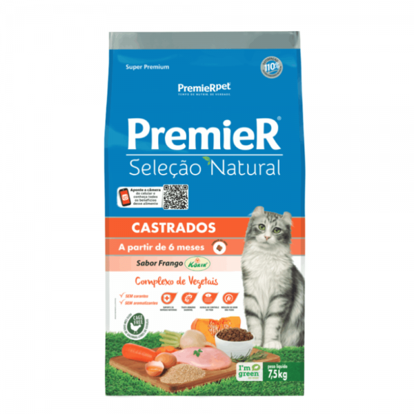 Ração Premier Seleção Natural Gatos Castrados Frango Korin 7,5 kg