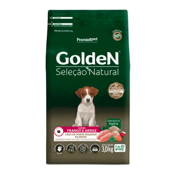 Ração Golden Seleção Natural Cães Filhotes Porte Pequeno Frango e Arroz Mini Bits 3 kg