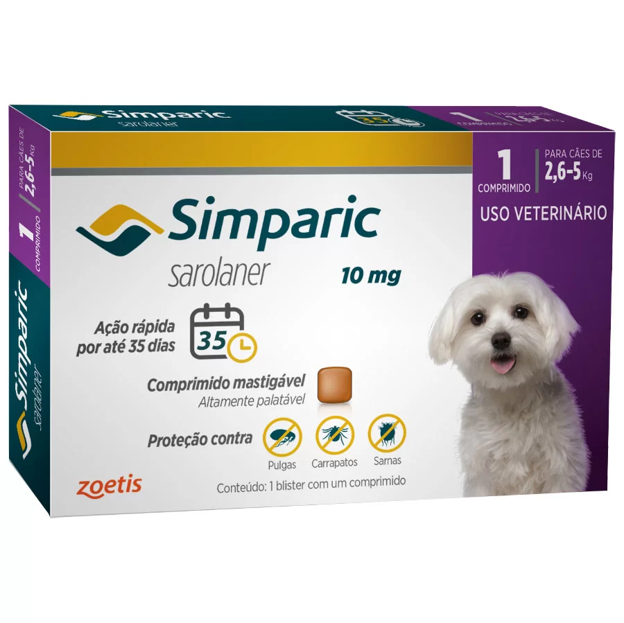 Antipulgas Simparic 10mg Para Cães 2,6 a 5kg 1 comprimido