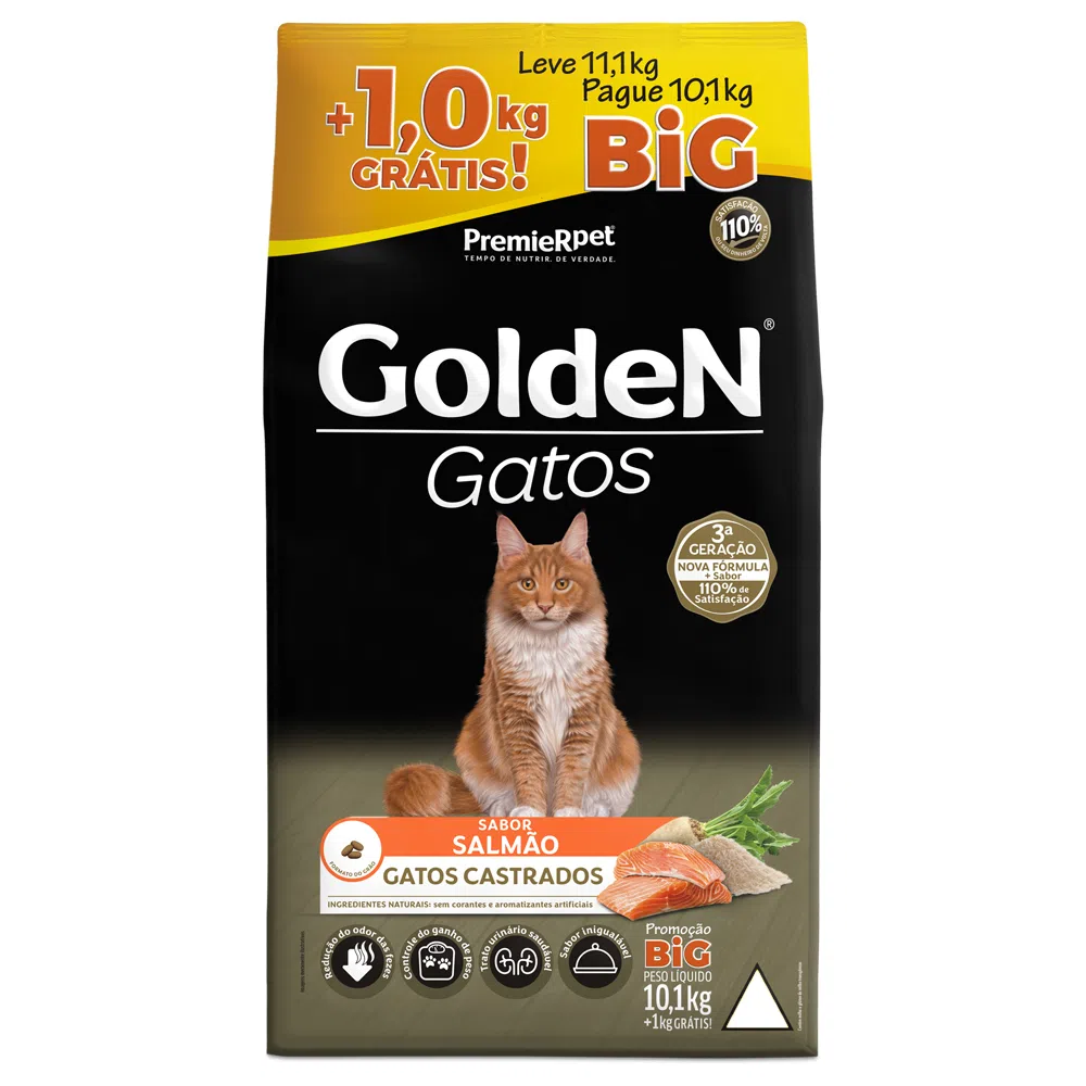 Ração Golden Gatos Castrados Salmão 10,1kg + 1kg Grátis