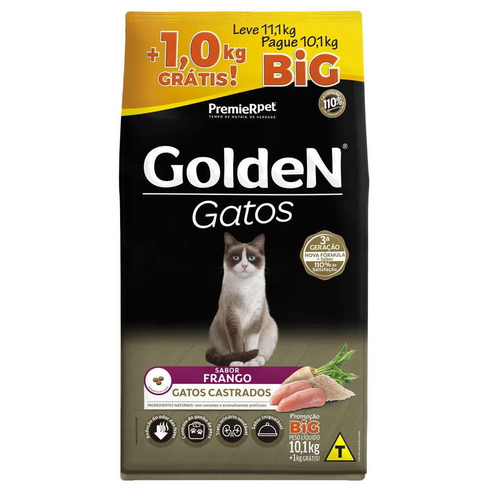 Ração Golden Gatos Castrados Frango 10,1kg + 1kg Grátis