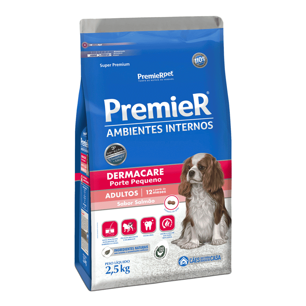 Ração Premier Ambientes Internos Dermacare Cães Adultos Raças Pequenas Salmão 2,5 kg