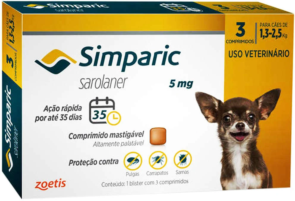 Antipulgas Simparic 5mg Para Cães 1,3 a 2,5kg 3 comprimidos