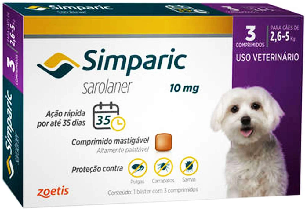 Antipulgas Simparic 10mg Para Cães 2,6 a 5kg 3 comprimidos