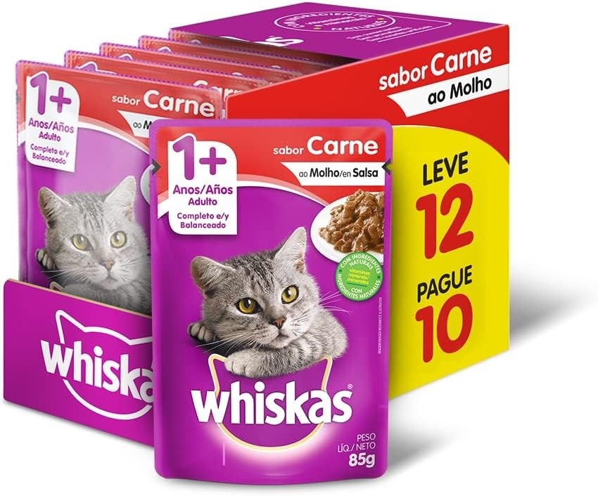 Ração Úmida Whiskas Sachê Carne ao Molho para Gatos Adultos - Leve 12 Pague 10