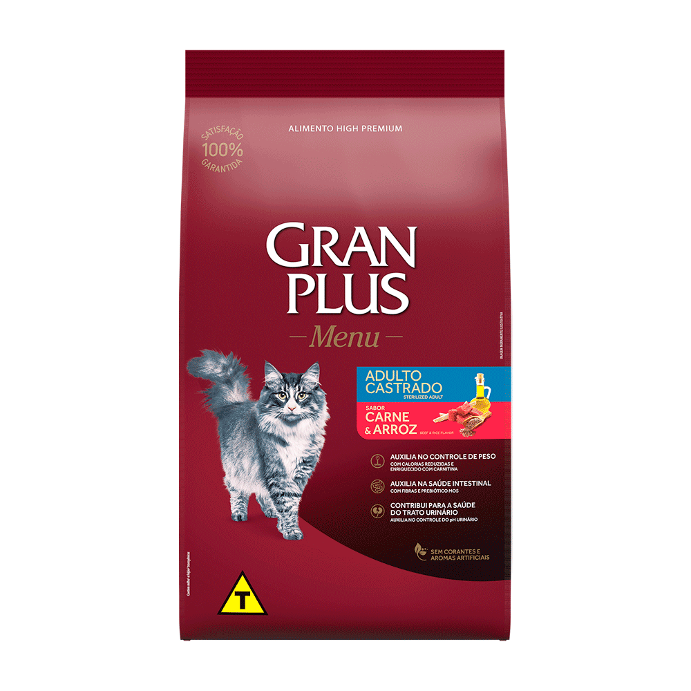 Ração GranPlus Menu Gatos Adultos Castrados Carne e Arroz 3 kg