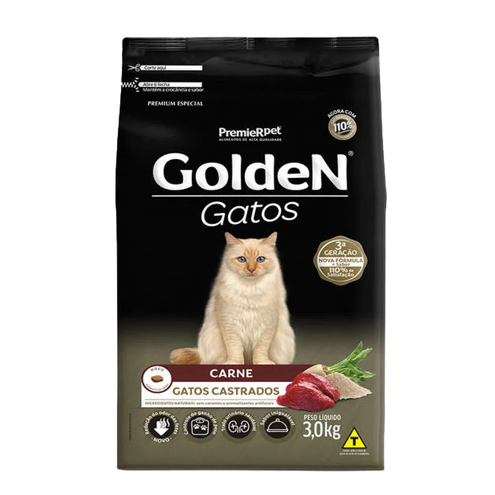 Ração Golden Gatos Castrados Carne 3 kg