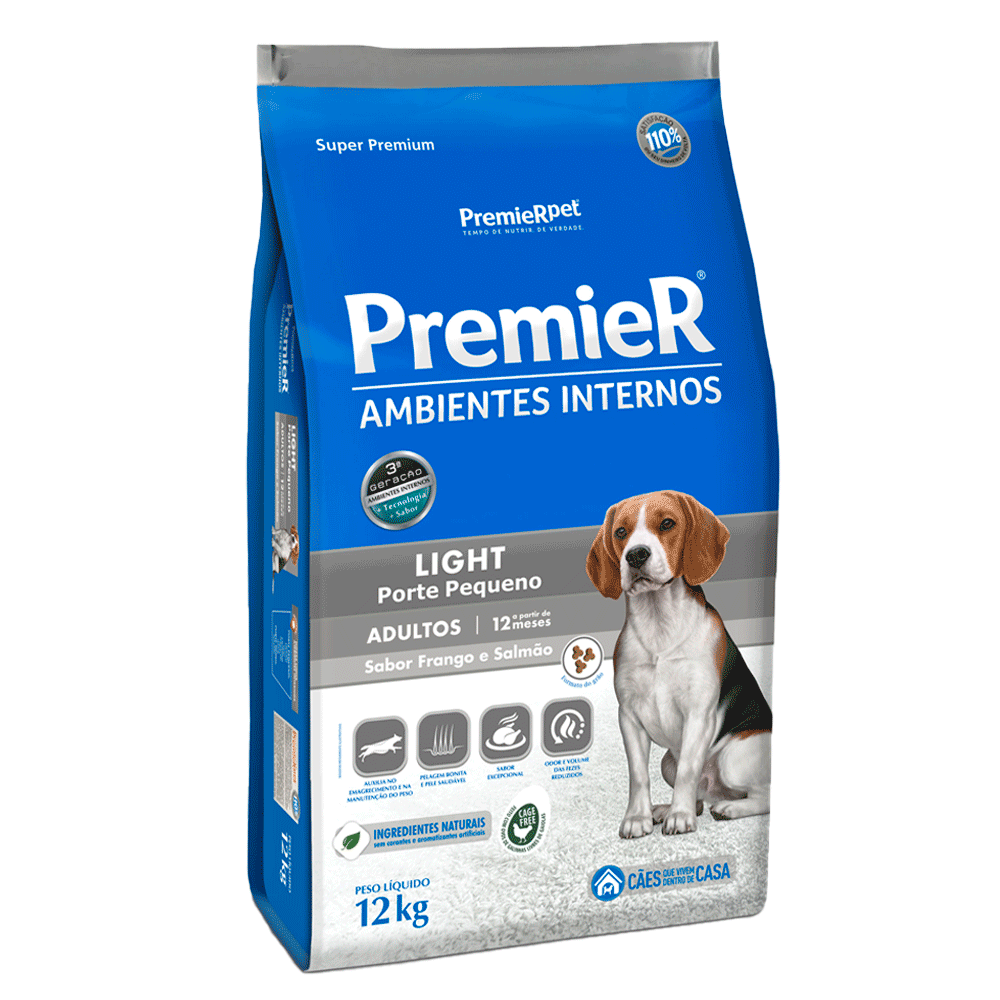 Ração Premier Ambientes Internos Light Cães Adultos Frango e Salmão 12 kg