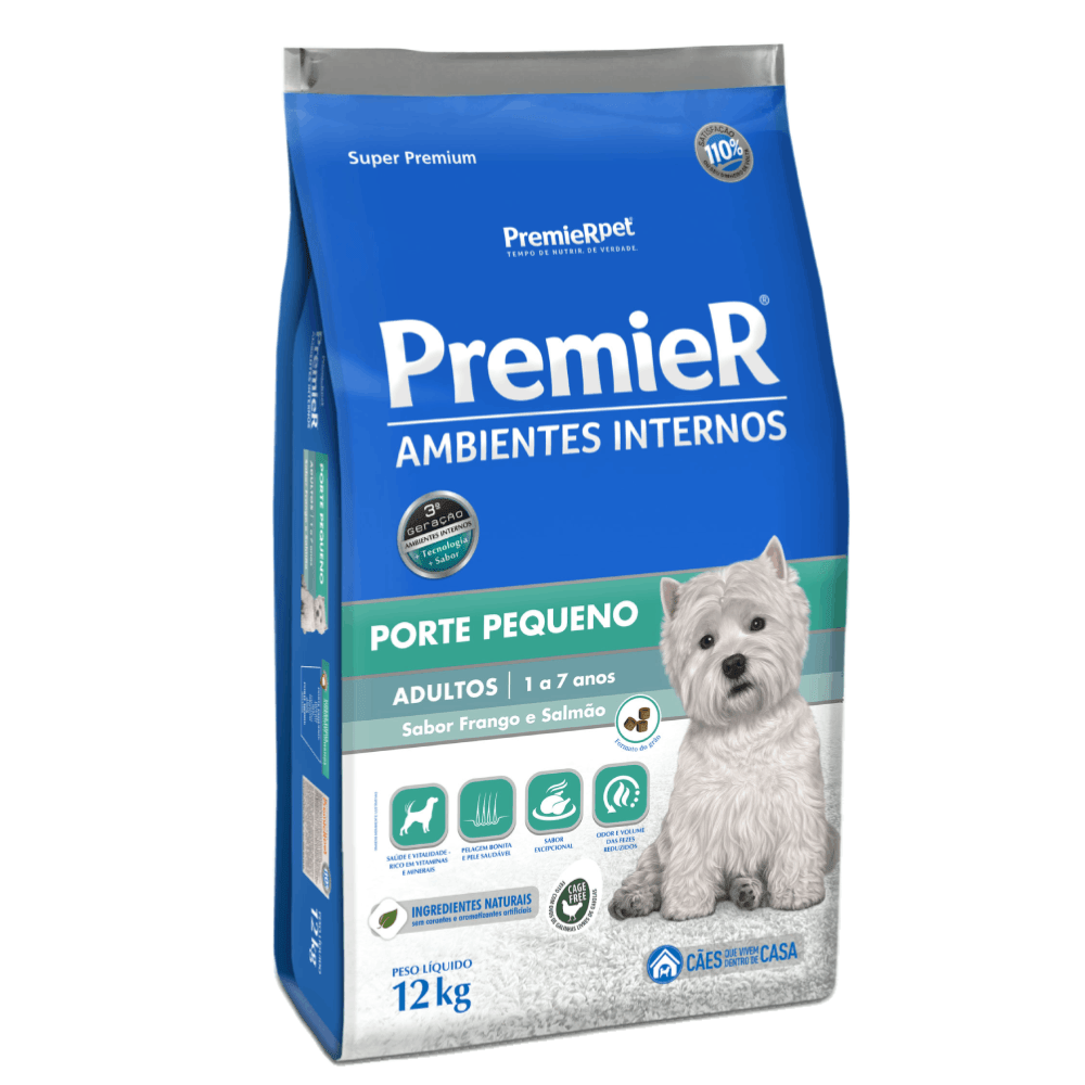 Ração Premier Ambientes Internos Adultos Raças Pequenas Frango e Salmão 12 kg
