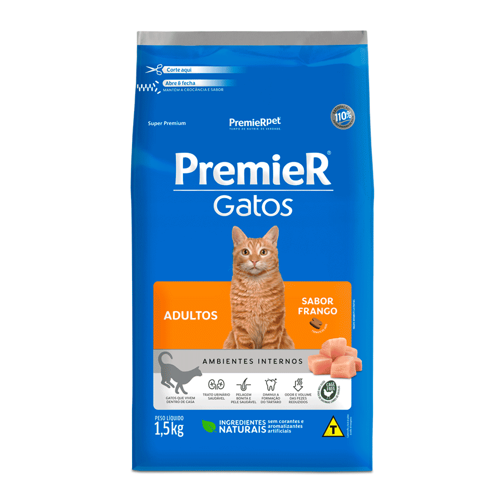 Ração Premier Gato Adultos Ambientes Internos Frango 1,5kg