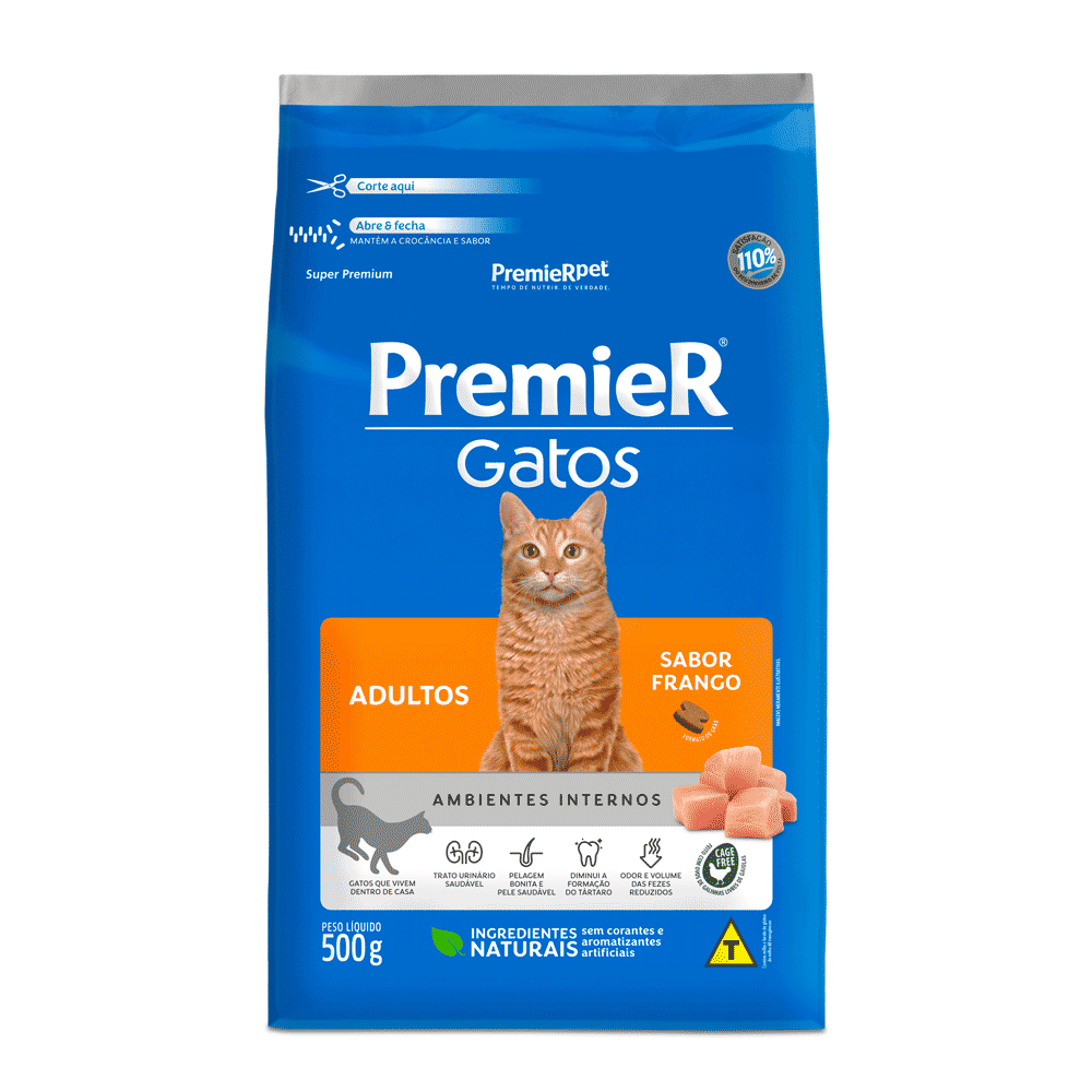 Ração Premier Gato Adultos Ambientes Internos Frango 500 g