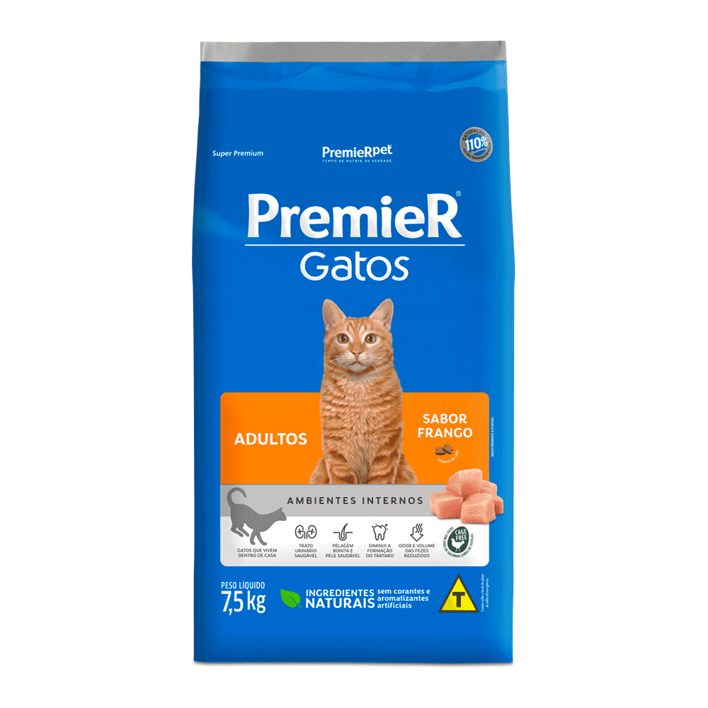 Ração Premier Gato Adultos Ambientes Internos Frango 7,5kg