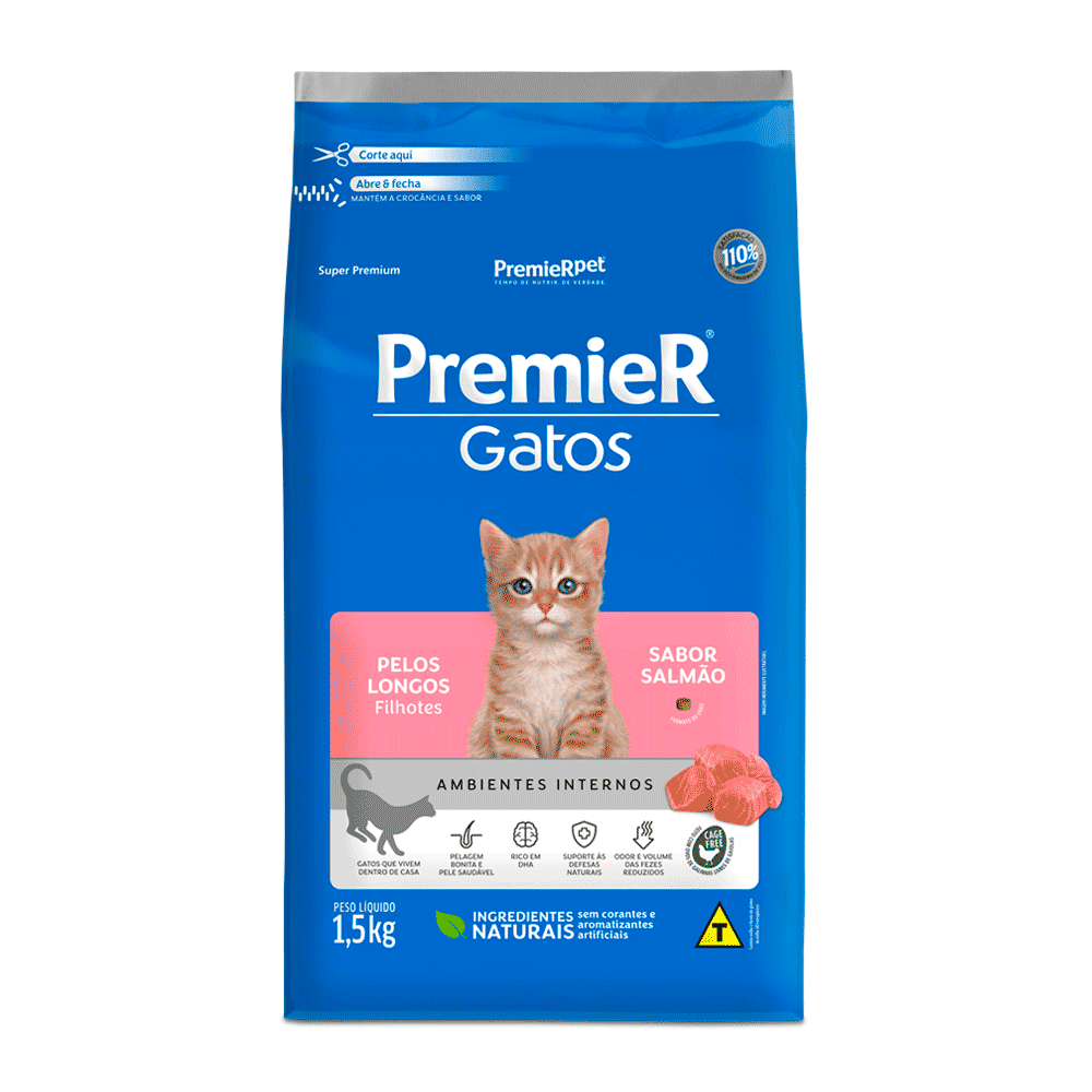 Ração Premier Ambientes Internos Gatos Filhotes Pelos Longos Salmão 1,5 kg