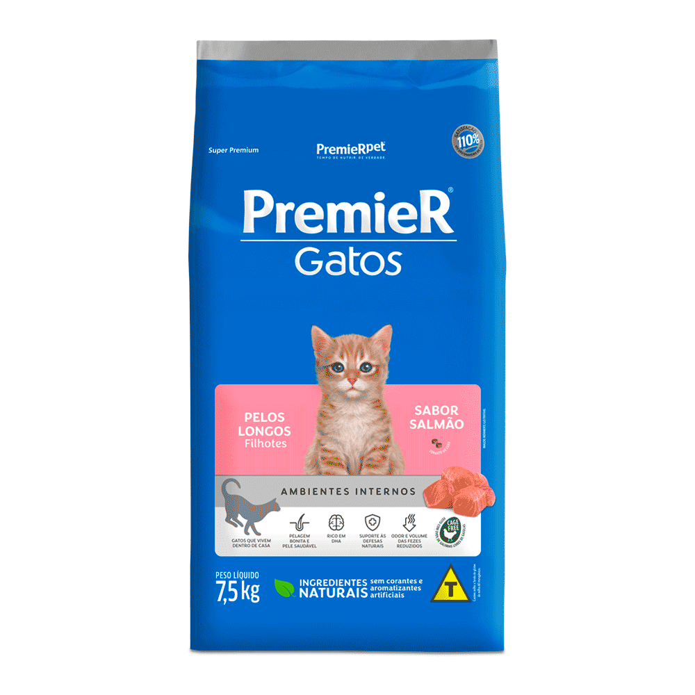 Ração Premier Ambientes Internos Gatos Filhotes Pelos Longos Salmão 7,5 kg