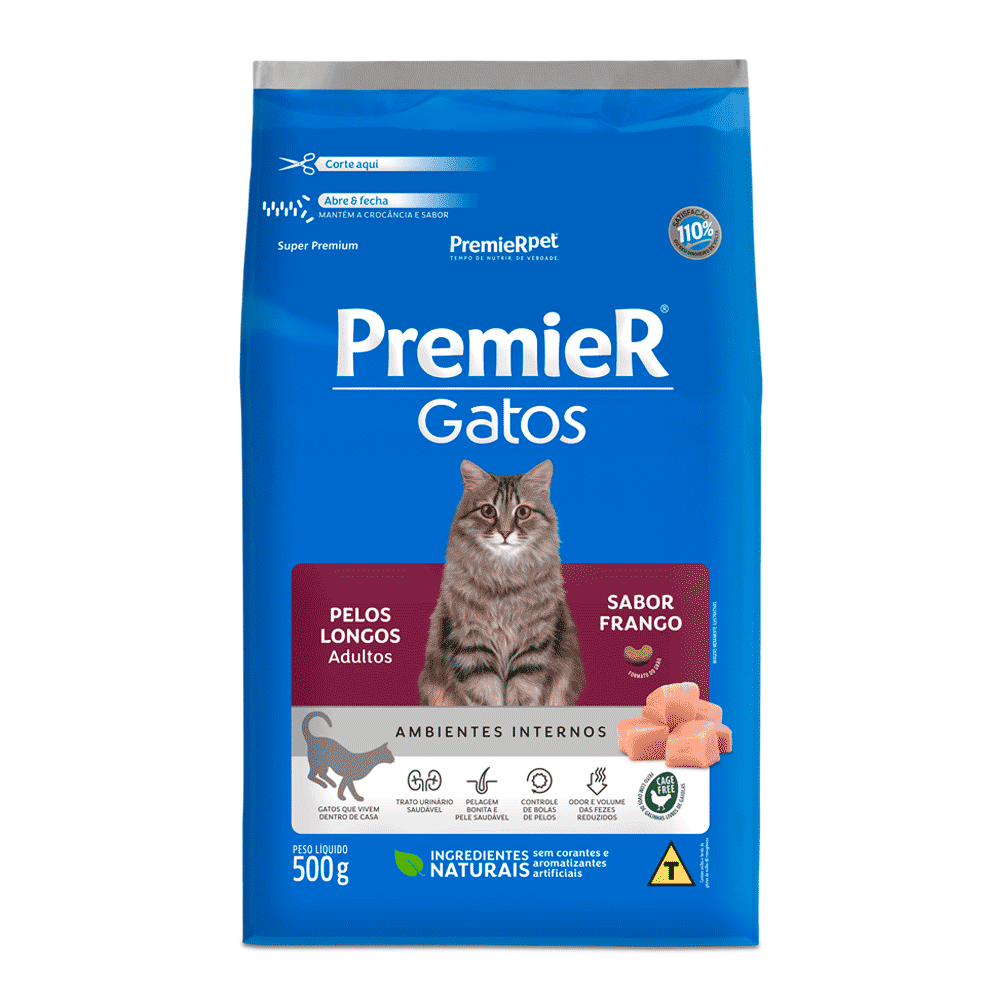 Ração Premier Ambientes Internos Gatos Adultos Pelos Longos Frango 500 g