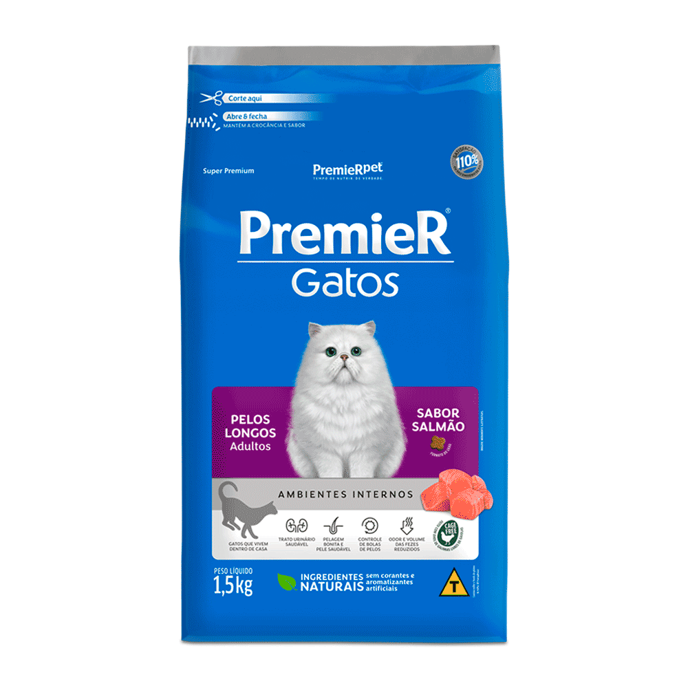 Ração Premier Gatos Adultos Pelos Longos Ambientes Internos Salmão 1,5 kg