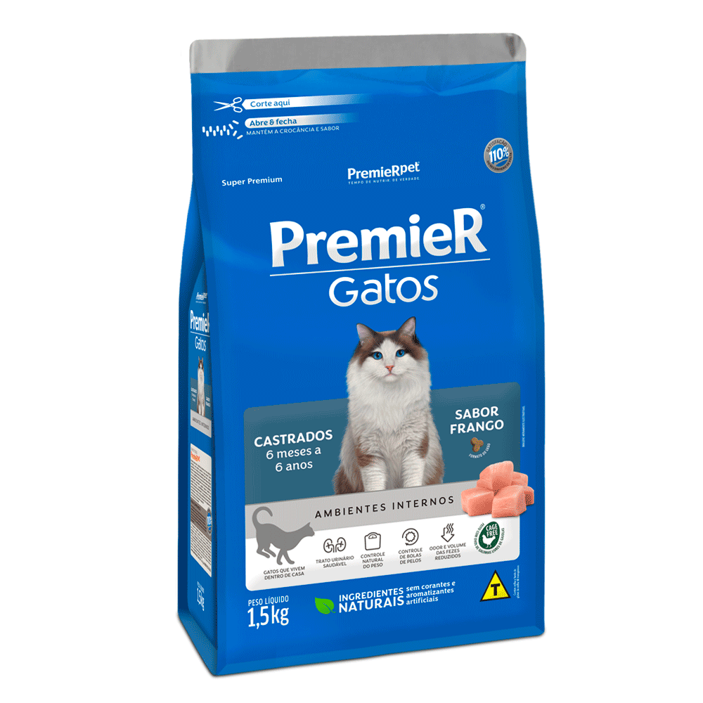 Ração Premier Ambientes Internos Gatos Castrados 6 Meses a 6 Anos Frango 1,5kg