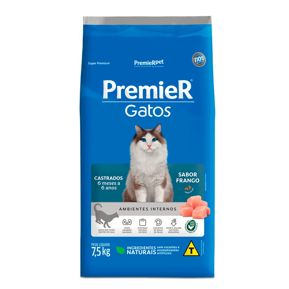 Ração Premier Ambientes Internos Gatos Castrados 6 Meses a 6 Anos Frango 7,5kg