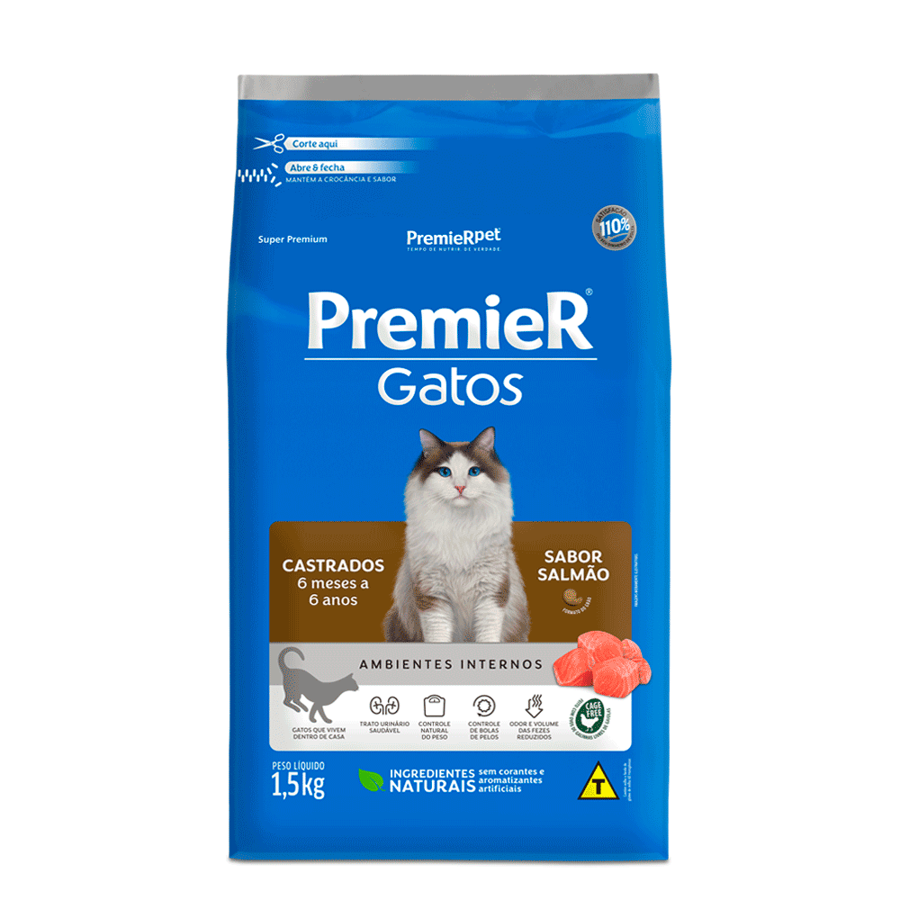 Ração Premier Ambientes Internos Gatos Castrados 6 Meses a 6 Anos Salmão 1,5 kg