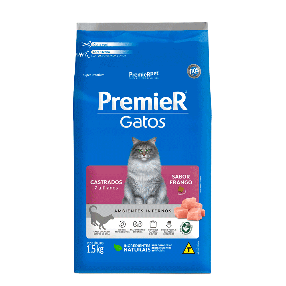 Ração Premier Ambientes Internos Gatos Castrados 7 a 11 Anos Frango 1,5kg