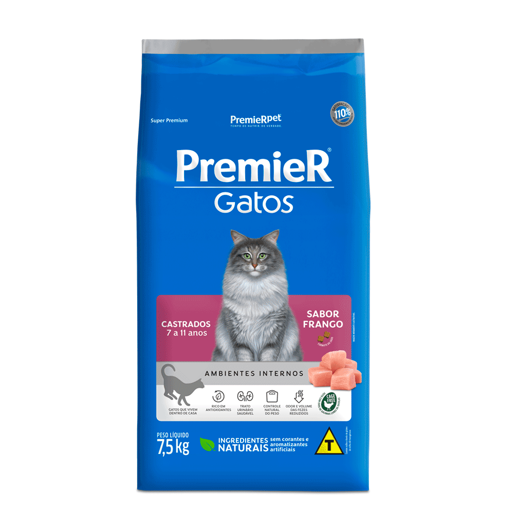 Ração Premier Ambientes Internos Gatos Castrados 7 a 11 Anos Frango 7,5kg