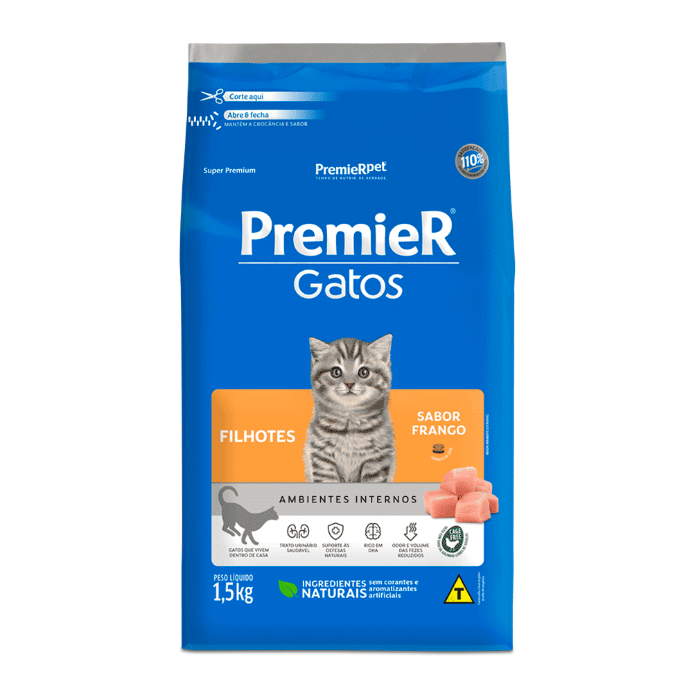 Ração Premier Gatos Filhotes Ambientes Internos Frango 1,5kg