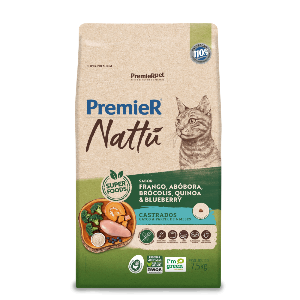 Ração Premier Nattu Gatos Adultos Castrados Abóbora 7,5 kg