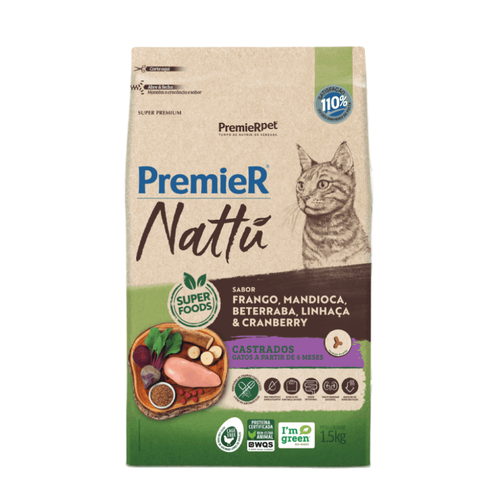 Ração Premier Nattu Gatos Adultos Castrados Mandioca 1,5 kg