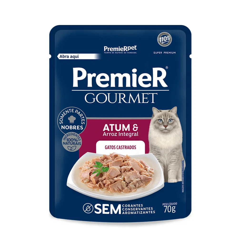 Ração Úmida Premier Gourmet Gatos Castrados Atum e Arroz Integral 70 g