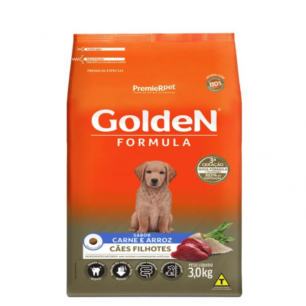 Ração Golden Fórmula para Cães Filhotes Carne e Arroz 3 kg