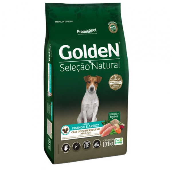 Ração Golden Seleção Natural Cães Adultos Porte Pequeno Frango e Arroz Mini Bits 10 kg