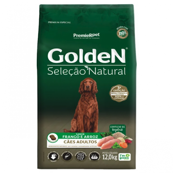 Ração Golden Seleção Natural Cães Adultos Frango e Arroz 12 kg