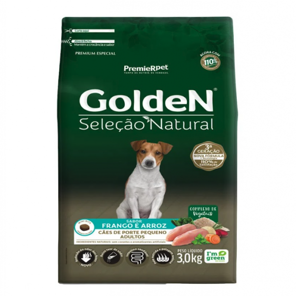 Ração Golden Seleção Natural Cães Adultos Porte Pequeno Frango e Arroz Mini Bits 3 kg