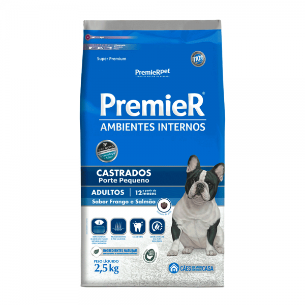 Ração Premier Ambientes Internos Cães Castrados Adultos Frango e Salmão 2,5 kg