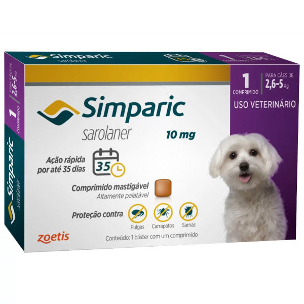 Antipulgas Simparic 10mg Para Cães 2,6 a 5kg 1 comprimido